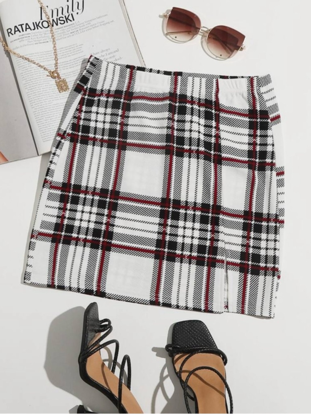 Plaid Mini Skirt in White with Black & Red Lines